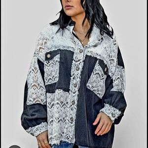 POL Black and White Lace Jean Jacket